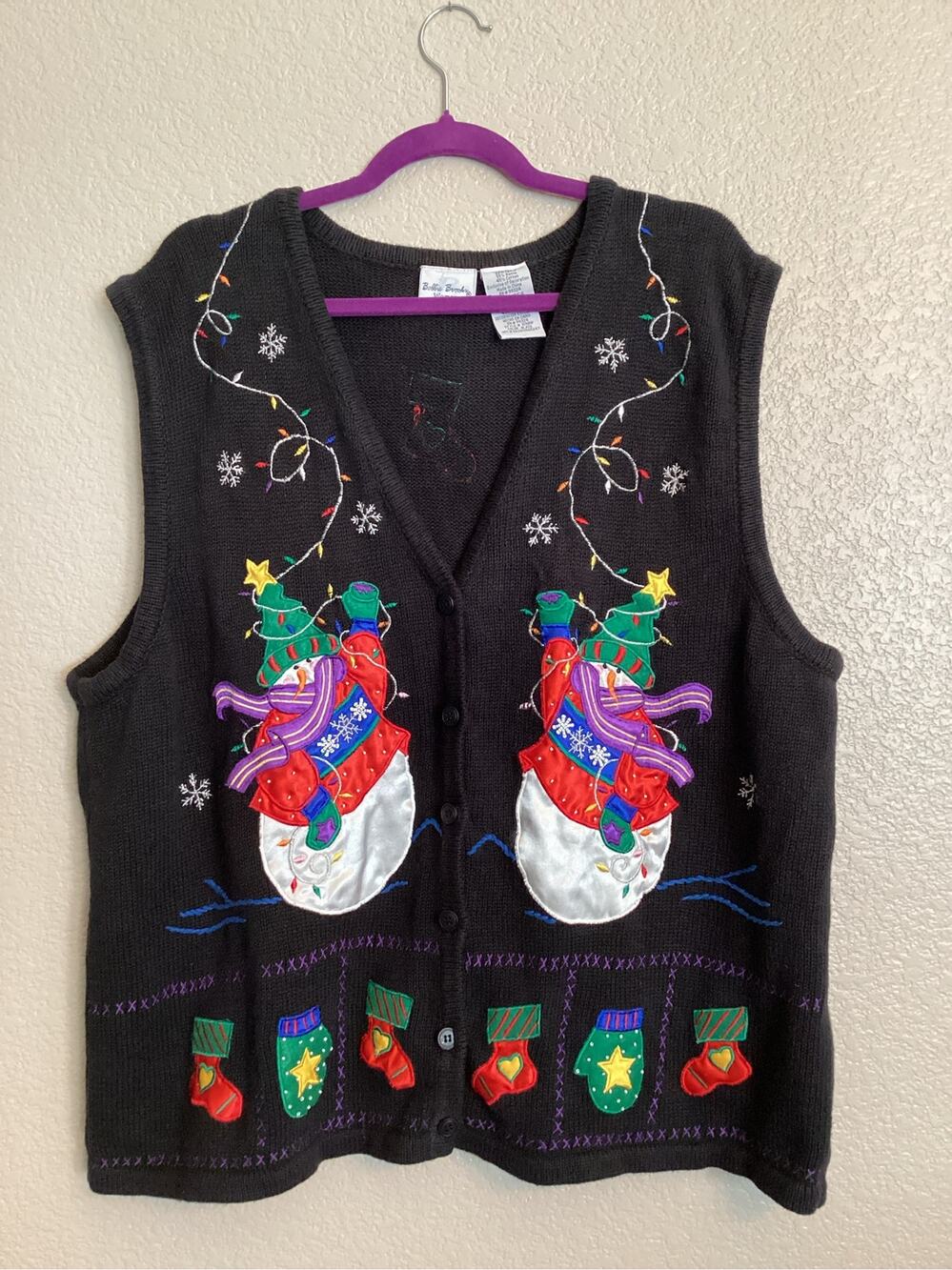 90s Vintage Bobbie Brooks Black Christmas Snowman Ugly Sweater Vest sz 22W/24W